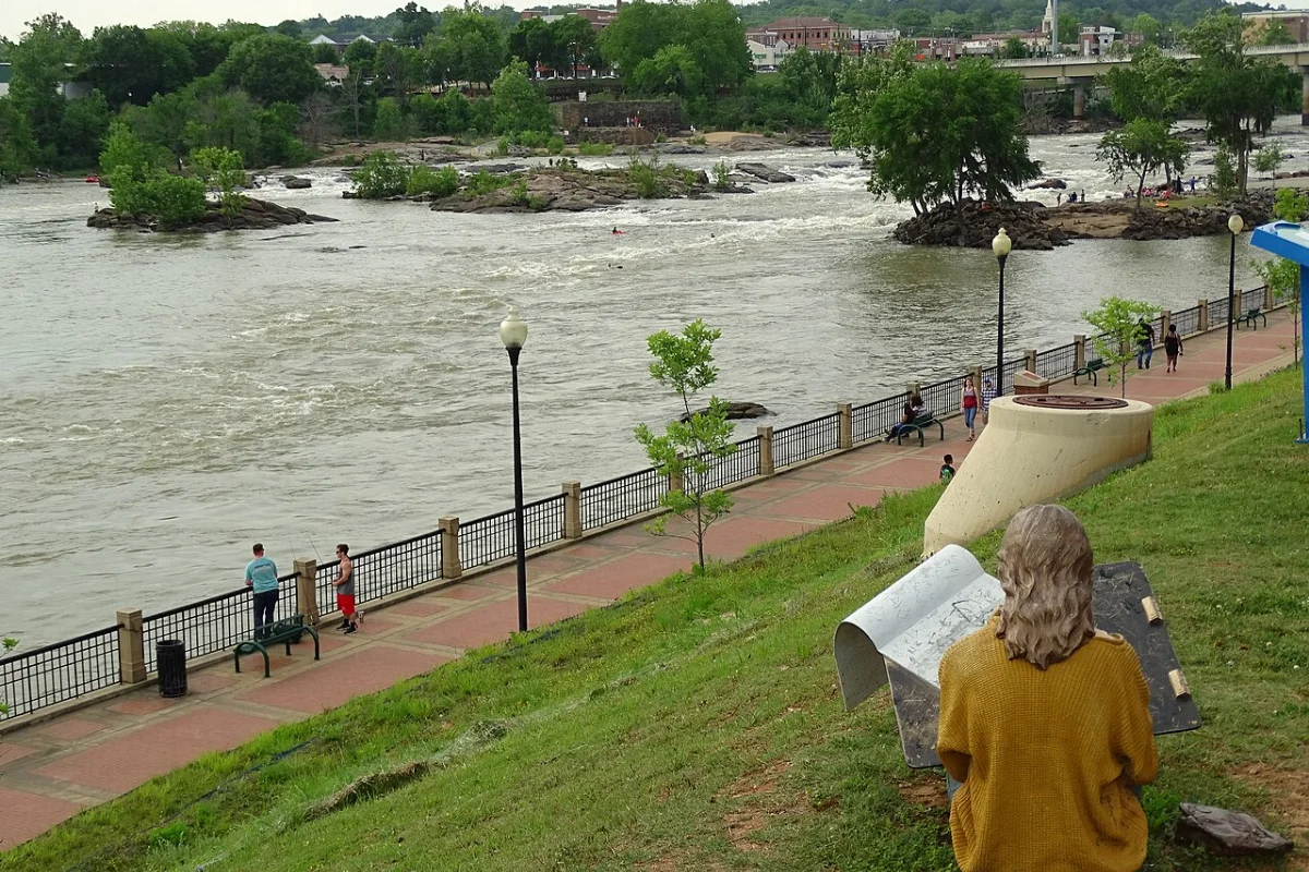 Historic brick riverfront architecture and Chattahoochee Riverwalk in Columbus, Georgia