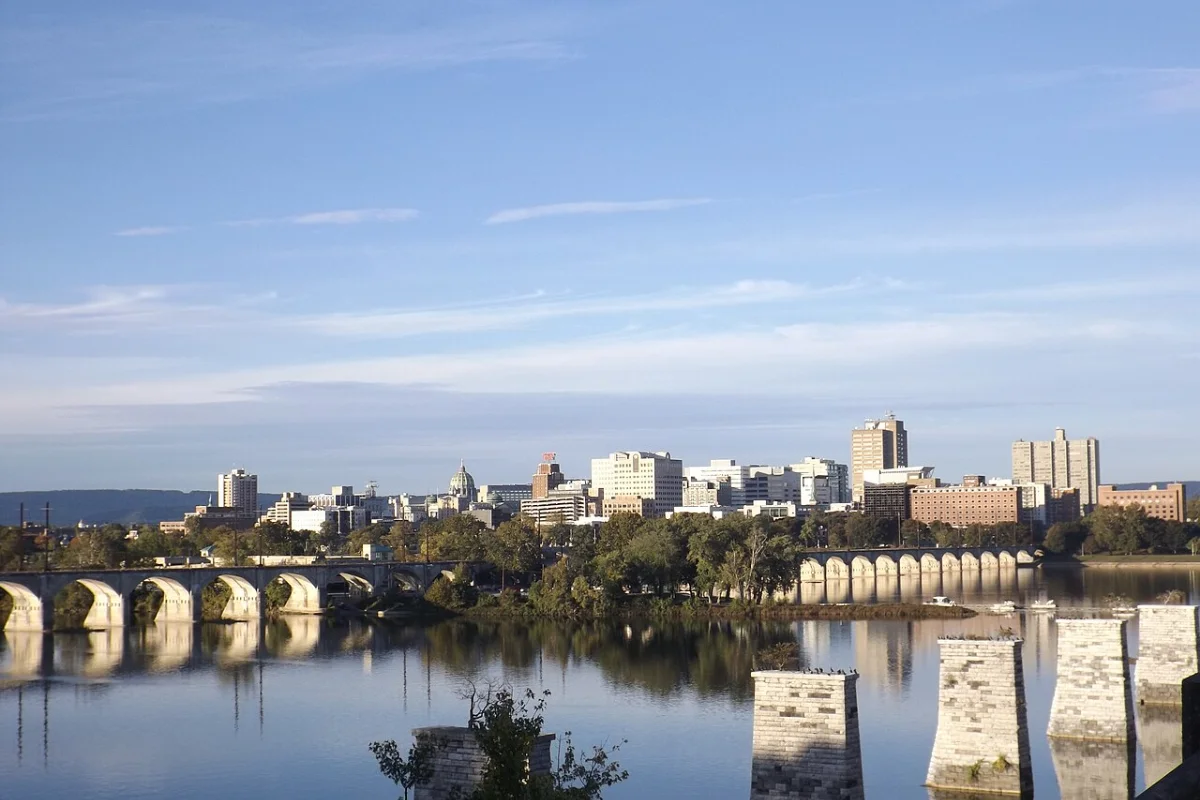 Harrisburg skyline and Pennsylvania State Capitol dome across the Susquehanna River in Pennsylvania
