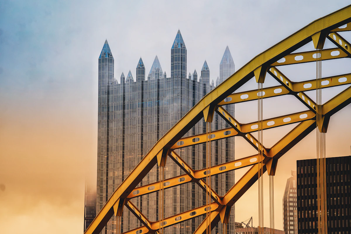 Historic Roberto Clemente yellow bridge and downtown Pittsburgh skyline in Pennsylvania