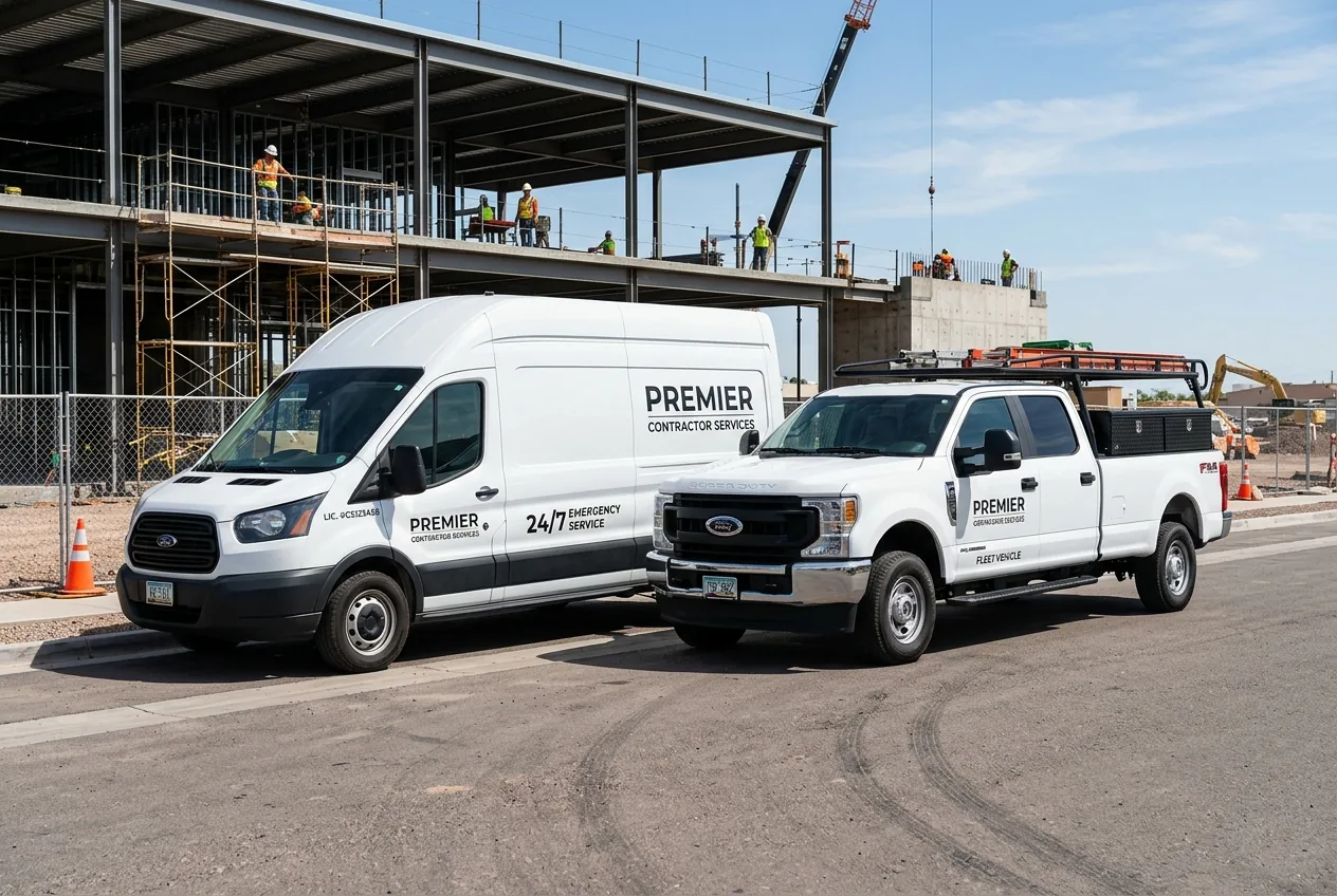Commercial contractor service van and work pickup truck parked near commercial job site