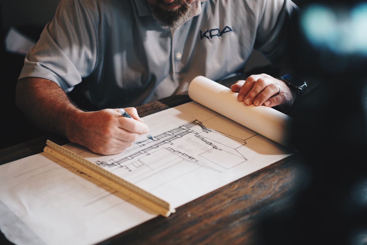 Professional general contractor reviewing construction blueprints on site