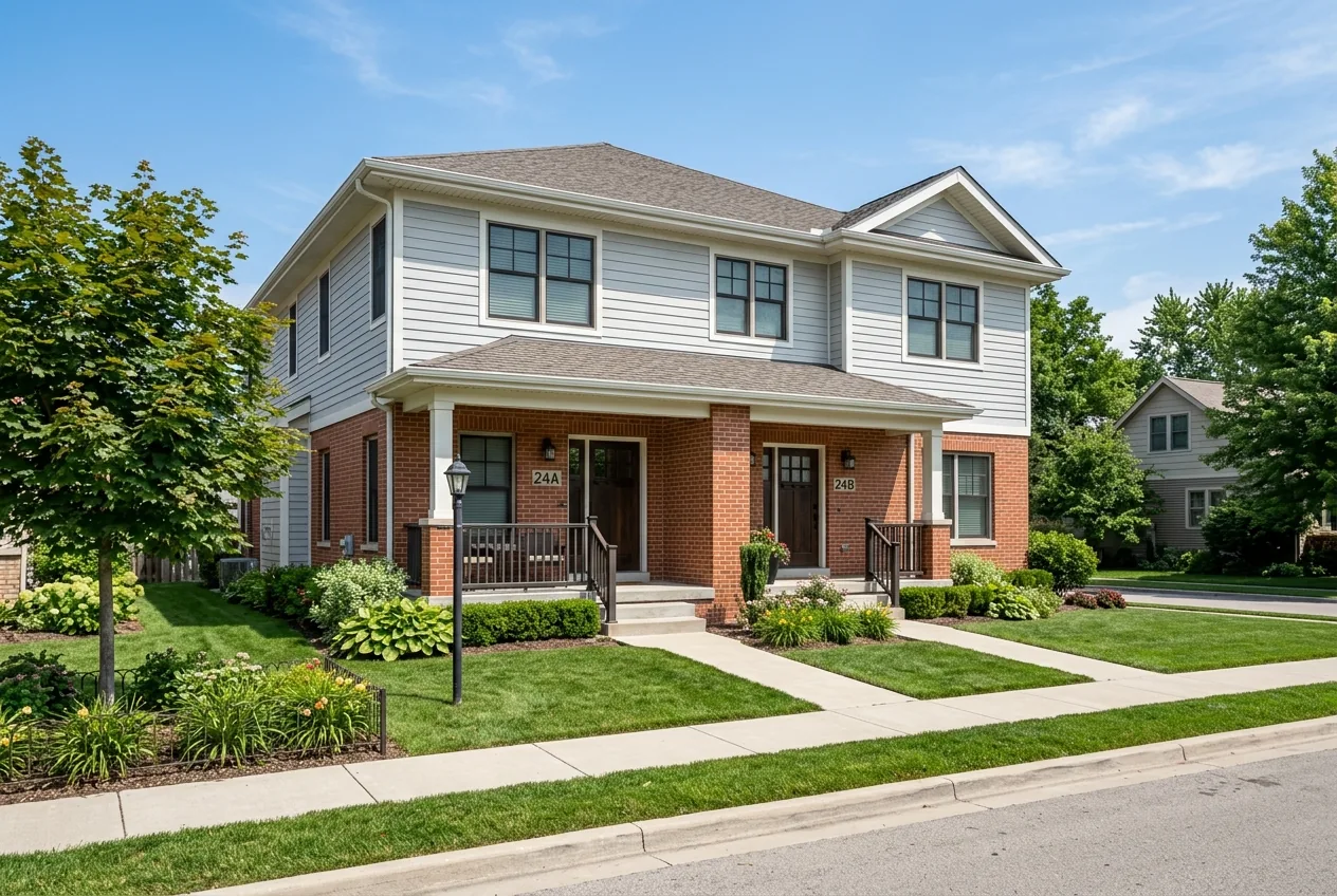 Residential rental duplex property with separate front entrances and manicured lawn